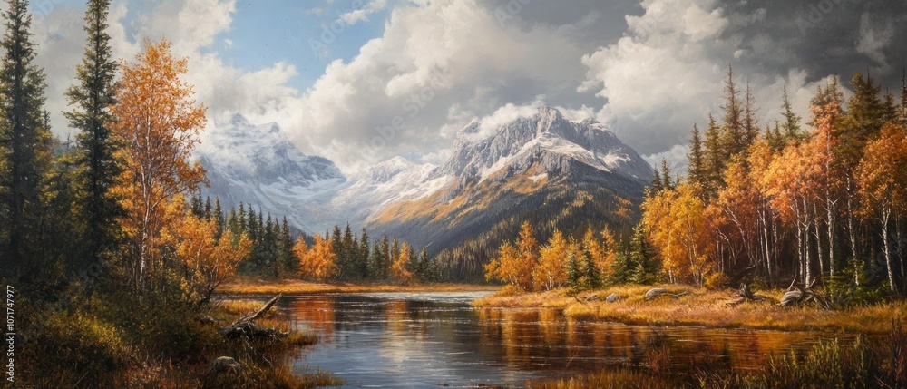 A serene landscape featuring mountains, autumn foliage, and a reflective lake under a cloudy sky. A serene landscape featuring mountains, autumn foliage, and a reflective lake under a cloudy sky.