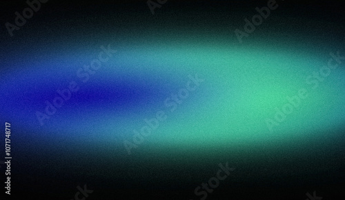 Dark glowing color wave grainy backdrop design. Abstract blue green black color on dark, wave shaped, vibrant color flow, curved gradient, noise texture background, empty space
