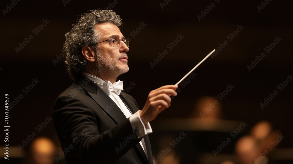 A conductor leads an orchestra, passionately directing music with a baton, showcasing the energy and elegance of a live performance. A conductor leads an orchestra, passionately directing music with a baton, showcasing the energy and elegance of a live performance.