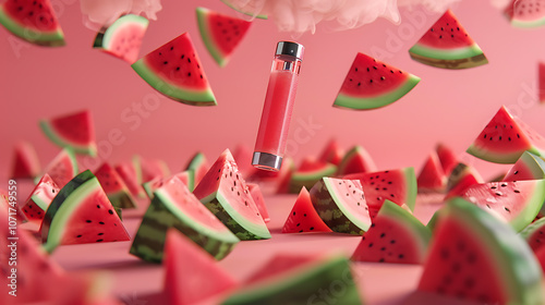 fruit-inspired vape ad, new watermelon vape design featuring a floating juul surrounded by watermelon slices vibrant vermilion pink background with studio lighting photo