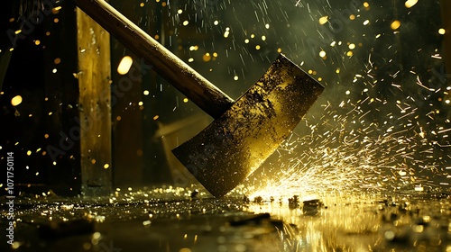 Close-Up of an Axe in Motion with Sparks Flying Around, Capturing the Intensity and Action of Metal Striking Hard Surfaces in a Dark Environment