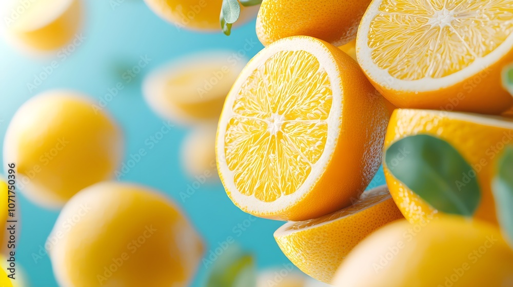 Fresh lemons with vibrant yellow slices and green leaves Fresh lemons with vibrant yellow slices and green leaves