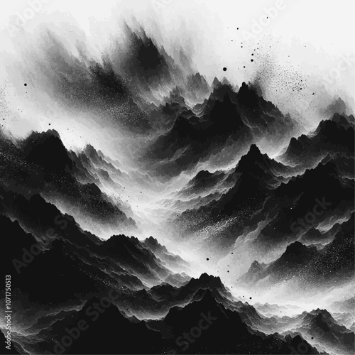 Surreal Peaks: Monochromatic Mountain Layers with Misty Depth.