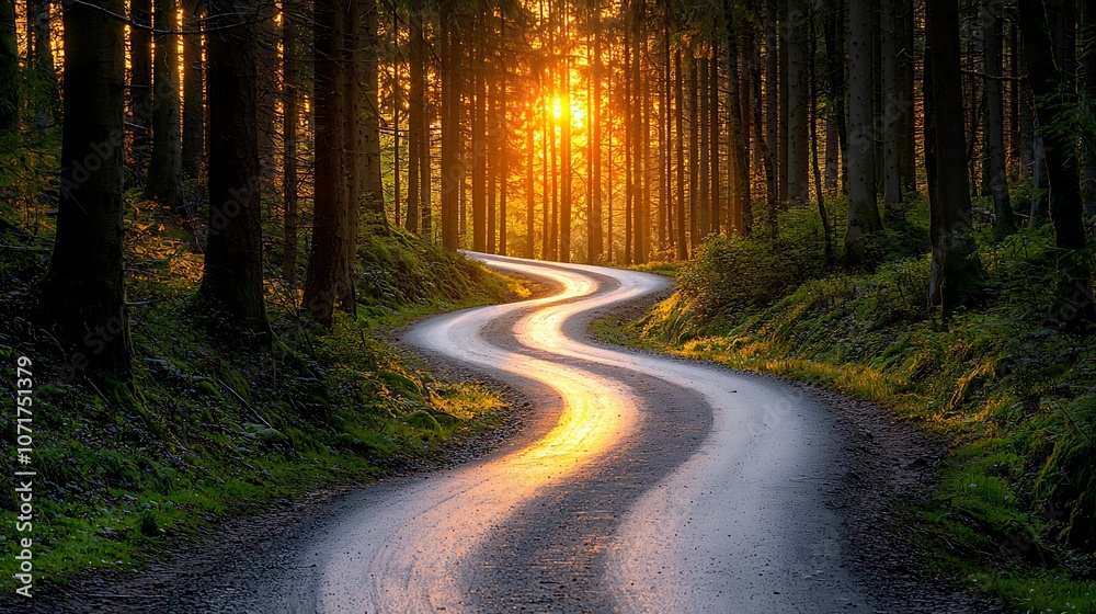 Obraz premium Serene Winding Road Through a Dense Forest with Sunlight Streaming in, Capturing the Beauty of Nature and Tranquility in a Picturesque Landscape