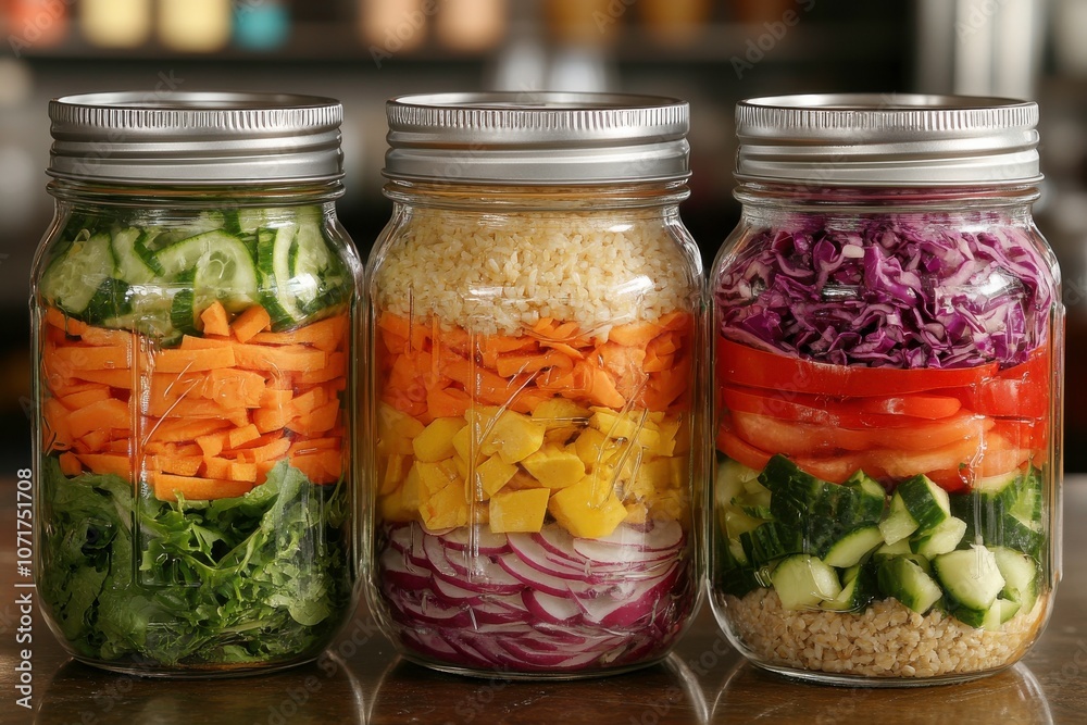 Colorful Layered Salad in Glass Jars Colorful Layered Salad in Glass Jars