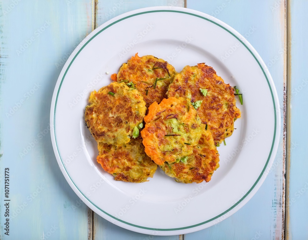 Delicious sweet potato and zucchini rosti garnished with herbs on white plate Delicious sweet potato and zucchini rosti garnished with herbs on white plate
