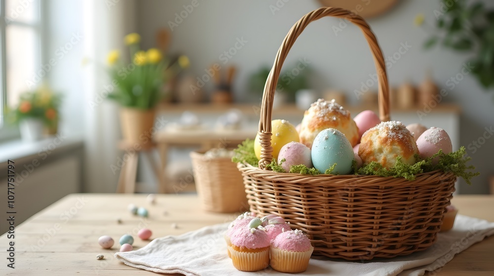 Painted Easter eggs lie in a wicker basket, decorated with greenery. Easter eggs with a smile in a basket. Easter composition in a basket on the table at home. Painted Easter eggs lie in a wicker basket, decorated with greenery. Easter eggs with a smile in a basket. Easter composition in a basket on the table at home.