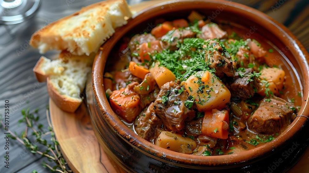 Hearty Beef Stew with Vegetables, Parsley, and Toasted Bread Hearty Beef Stew with Vegetables, Parsley, and Toasted Bread