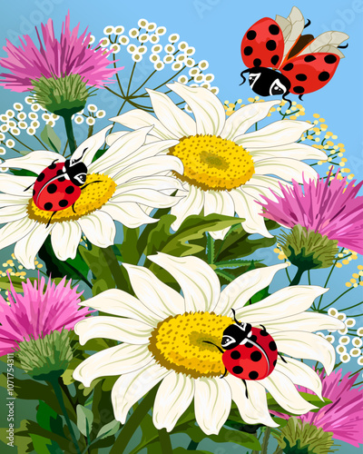 Ladybugs on a bouquet of flowers.Vector illustration with bright ladybugs on a bouquet of flowers.