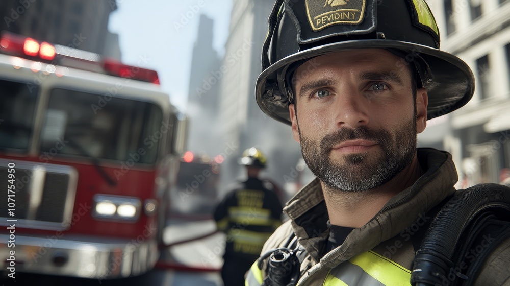Close-up of a firefighter in gear, serious expression, blurred fire truck and fire hose, smoky background, Photorealistic Close-up of a firefighter in gear, serious expression, blurred fire truck and fire hose, smoky background, Photorealistic