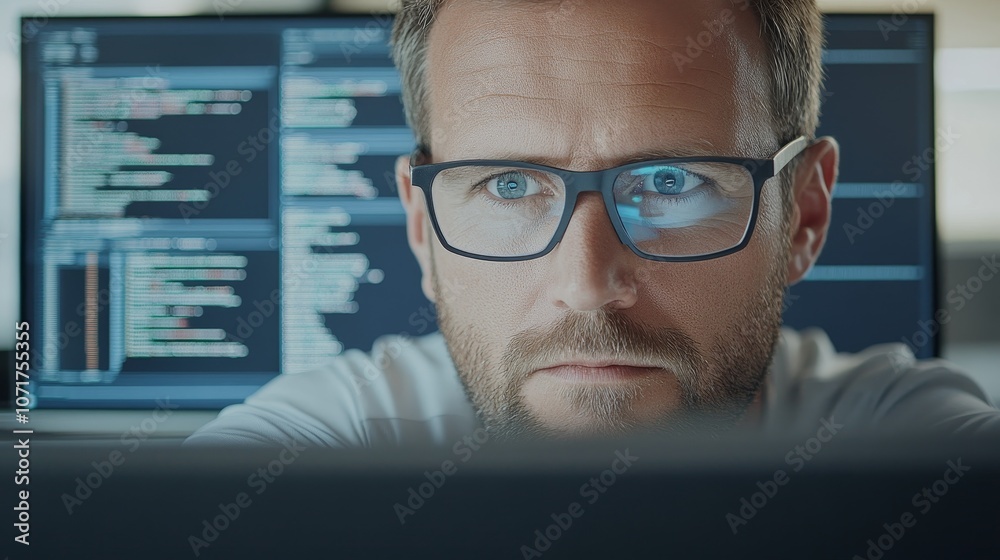 Close-up of a software developer coding, serious expression, screen with programming languages, office background softly blurred, Photorealistic