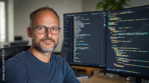 Close-up of a software developer coding, serious expression, screen with programming languages, office background softly blurred, Photorealistic