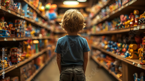 Boy Looking at Toys on Shelves Realistic Image