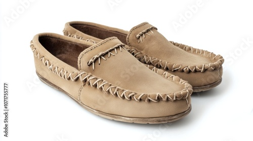 Wallpaper Mural Beige suede moccasins with decorative stitching, isolated on white, ideal for casual and cozy looks Torontodigital.ca