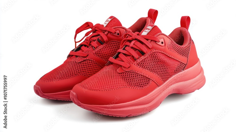 Bold red athletic shoes with mesh uppers, isolated on white, perfect for sports and activity Bold red athletic shoes with mesh uppers, isolated on white, perfect for sports and activity
