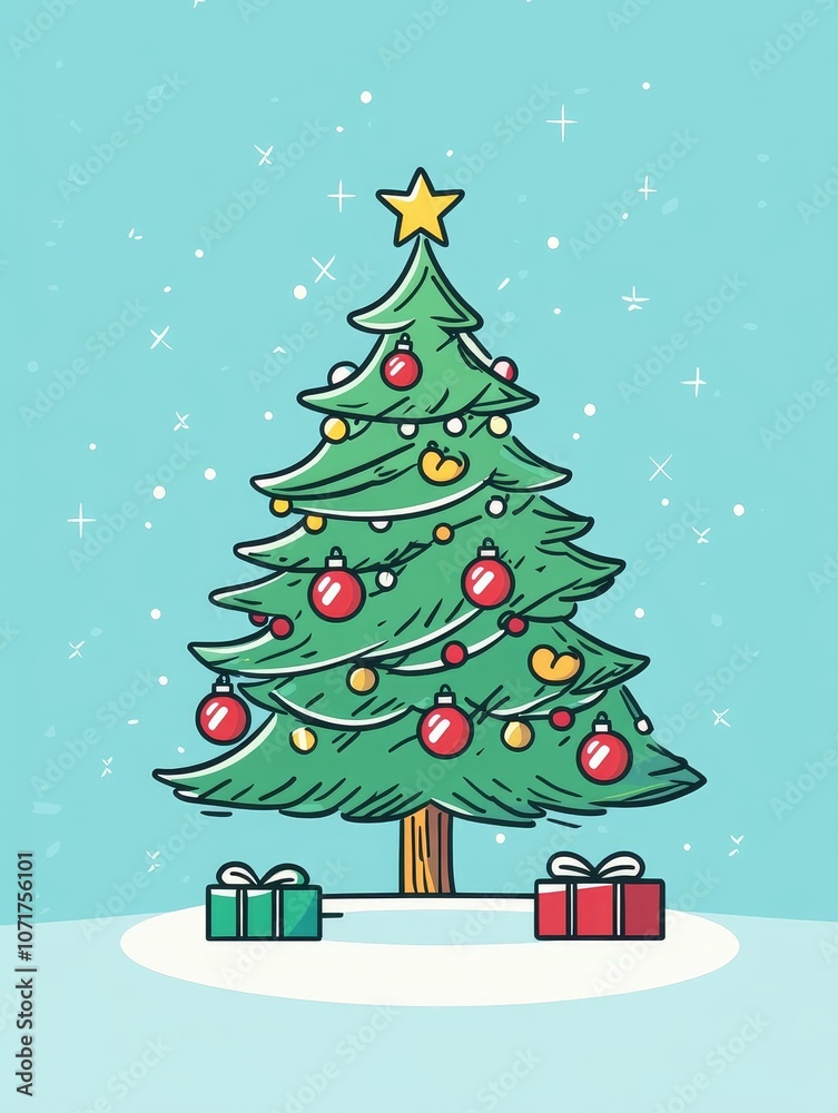 Fototapeta premium Minimalist line art illustration of a Christmas tree with ornaments, lights and gifts, perfect for holiday cards, social media, or website design.