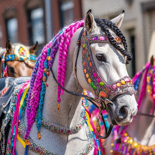 Close-up of beautifully adorned parade horses with braided manes and colorful tack, walking gracefully down a city street, bright daylight highlighting their elegance and strength
