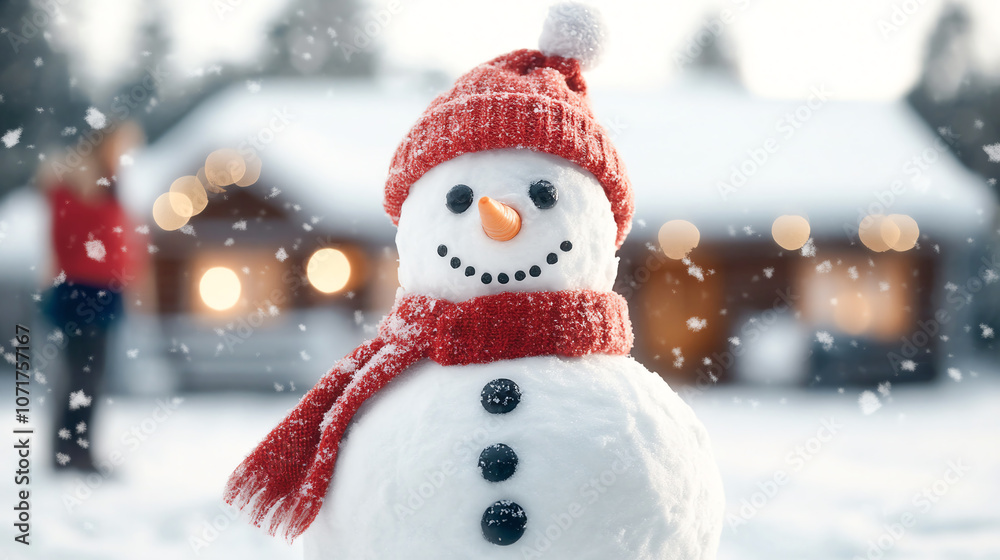 Fototapeta premium cheerful snowman wearing striped hat and scarf stands in snowy landscape, with cozy cabin in background. scene is filled with soft, glowing lights and falling snowflakes, creating magical winter