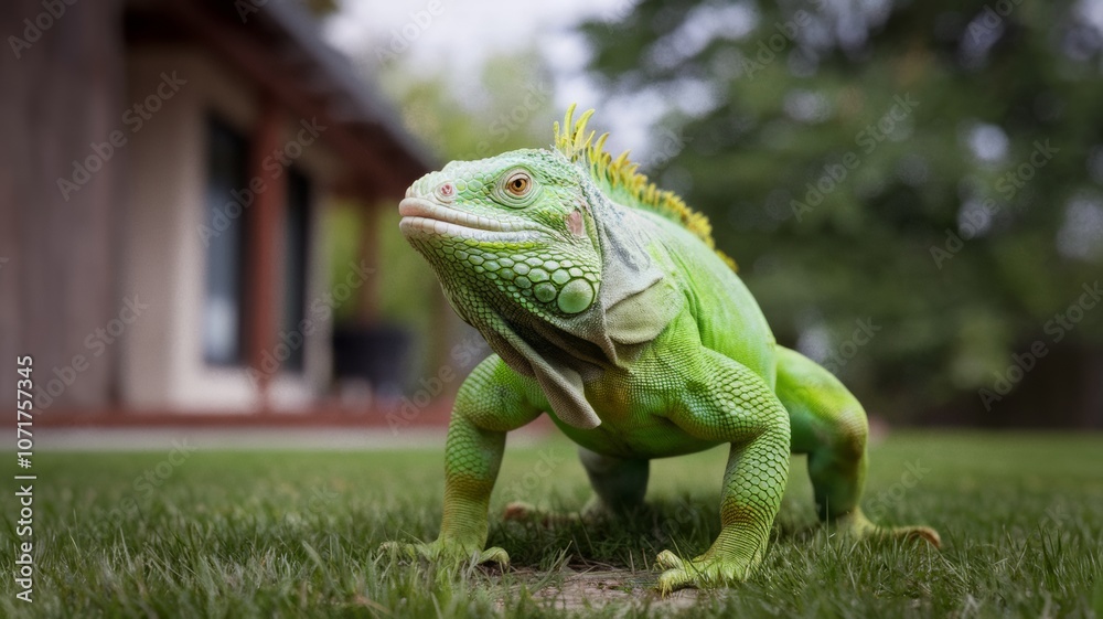 Fototapeta premium An iguana is walking on the lawn in front of the house. With a place to copy the text.