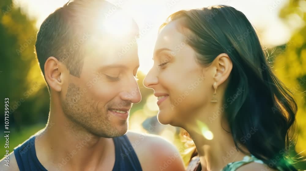 Romantic couple sharing intimate moments at sunset in a serene park setting Romantic couple sharing intimate moments at sunset in a serene park setting