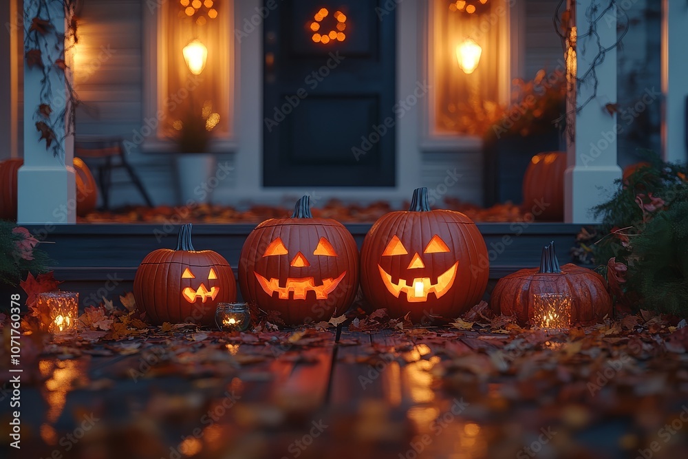 Obraz premium Carved pumpkins with glowing candles on outdoor wooden porch, surrounded by autumn leaves and soft night lights, creating a cozy Halloween atmosphere.
