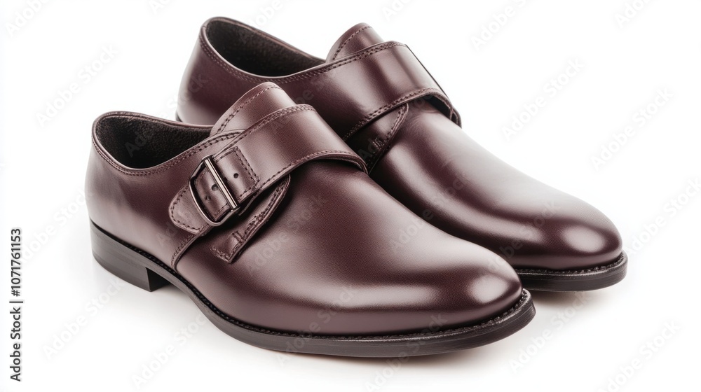 Luxurious leather monk strap shoes in deep brown, isolated on white, ideal for a refined look Luxurious leather monk strap shoes in deep brown, isolated on white, ideal for a refined look