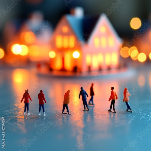 Miniature figures ice skating in front of a glowing model house.