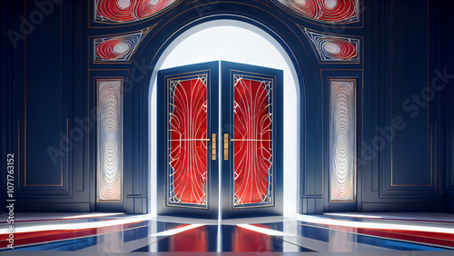 A Futuristic Entrance to the World of Geometric Shapes: Modern Abstraction with a Harmonious Play of Red, Blue and White Tones That Reveals Visual Depth and Conceptual Space