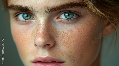 Close-up Portrait of a Woman with Freckles and Blue Eyes - Realistic Image