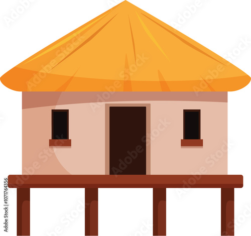 Cartoon style bungalow featuring a thatched roof and elevated on wooden stilts, evoking a tranquil, tropical island vibe