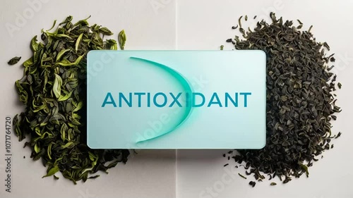 Green tea dry with a sign with the inscription antioxidant photo