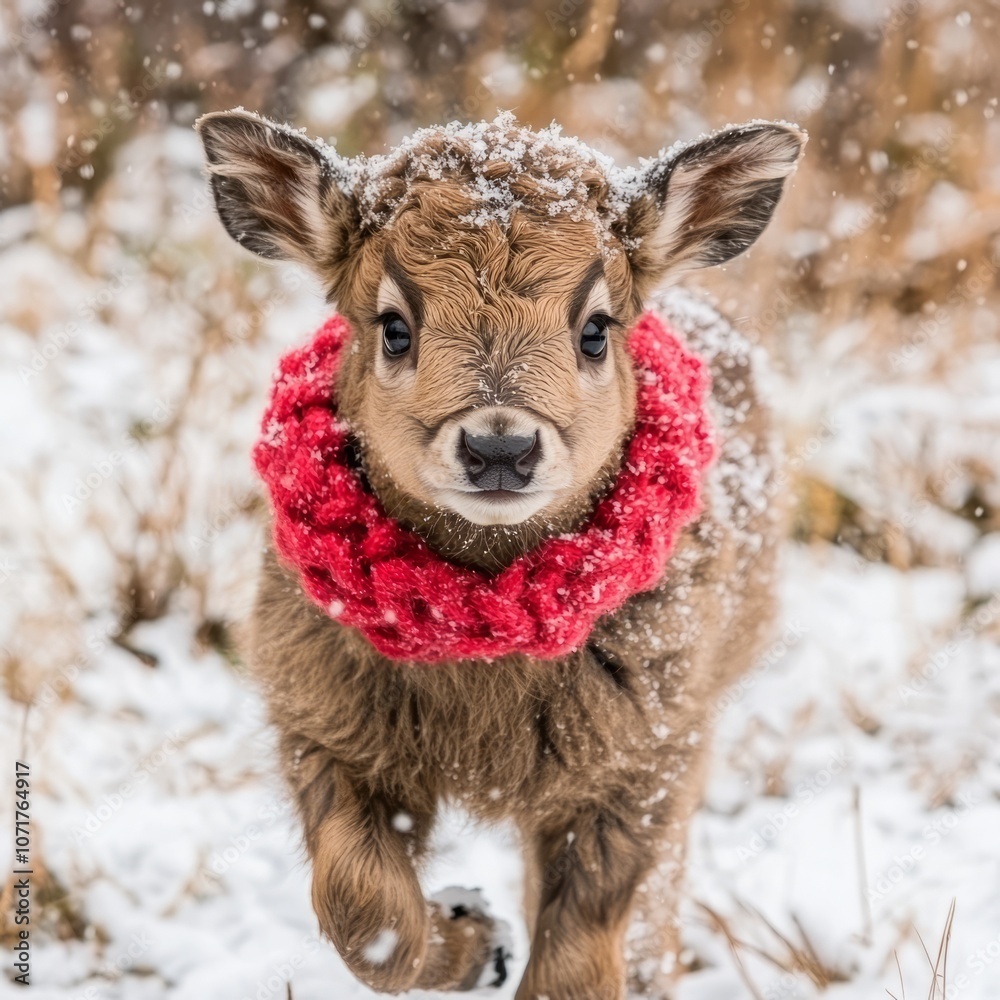 Fototapeta premium Adorable fawn wearing a red scarf in the snow.