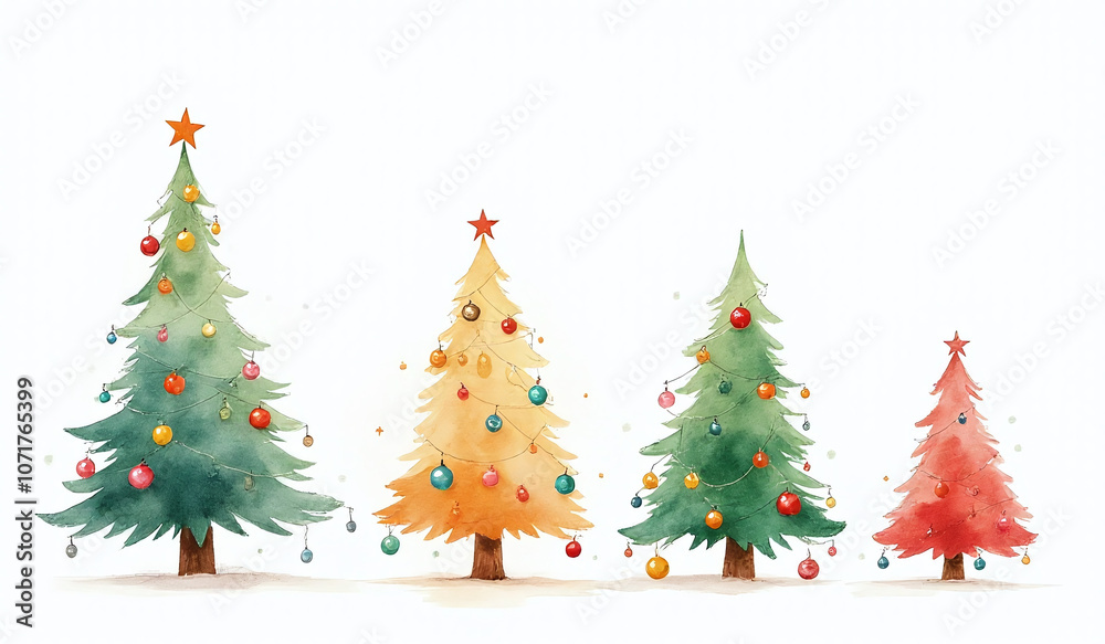 Fototapeta premium colourful watercolour illustrations christmas trees balls white background make beautiful unique decorative pieces