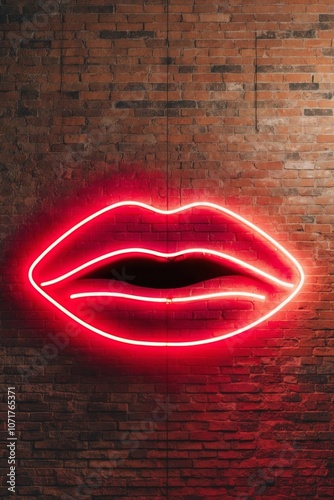 Red glowing neon light lips on a brick wall. photo