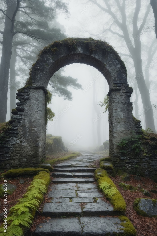 Obraz premium A Stone Pathway Leading to a Foggy Forest through an Ancient Archway.