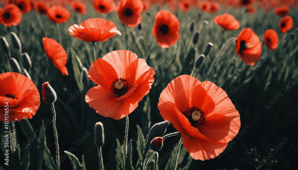 Obraz premium Remembrance, Remember, Memorial day with red poppy flower cinematic photography, high quality cinematic color grading, film scene