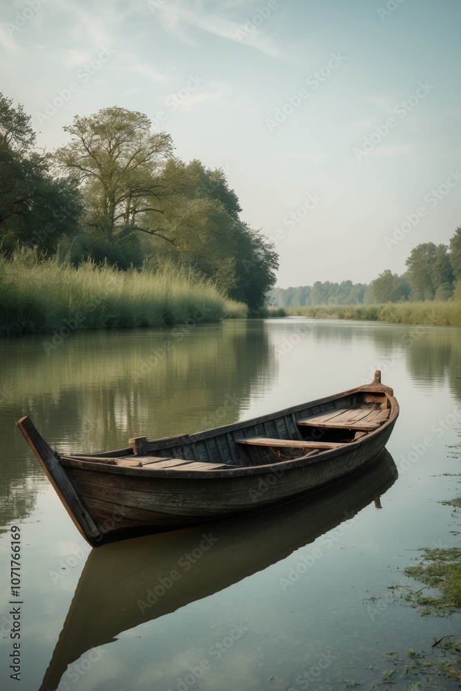 Rustic wooden boat floating gently on a calm river background idyllic scene reflecting the simplicity and beauty of traditional life. Rustic wooden boat floating gently on a calm river background idyllic scene reflecting the simplicity and beauty of traditional life.