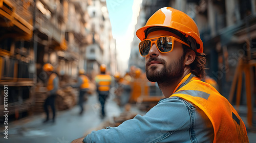 Construction Worker in Hard Hat and Sunglasses Realistic Image