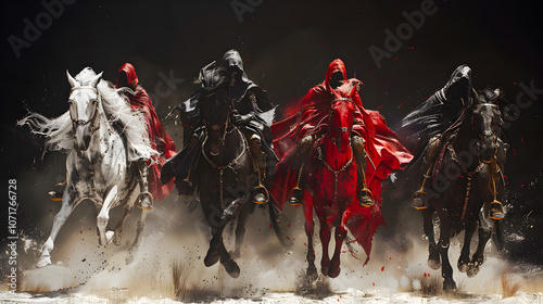 Four Horsemen of the Apocalypse - white for conquest, red for war, black for pestilence or famine, and pale for death - black background - desert landscape photo