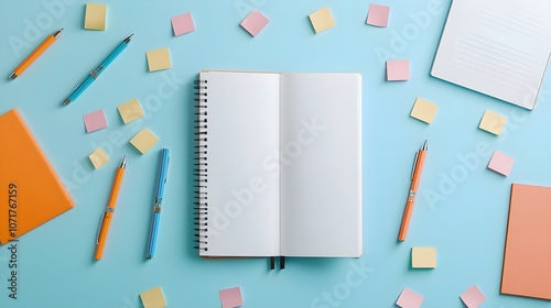 Organized workspace with blank notebook and colorful stationery photo