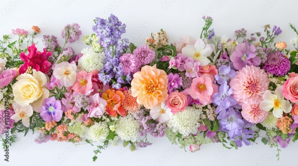 A mix of vibrant garden flowers in soft pastels, creating a cheerful spring banner on a clean white backdrop. A mix of vibrant garden flowers in soft pastels, creating a cheerful spring banner on a clean white backdrop.