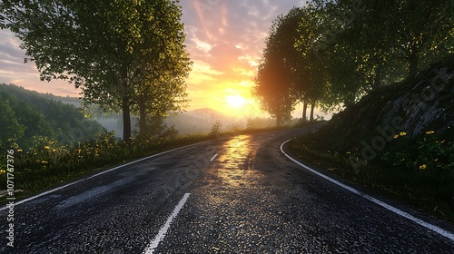 Wallpaper Mural Serene Sunset on a Glistening Silver Road Surrounded by Lush Greenery and Vibrant Nature in a 3D Rendered Landscape Torontodigital.ca