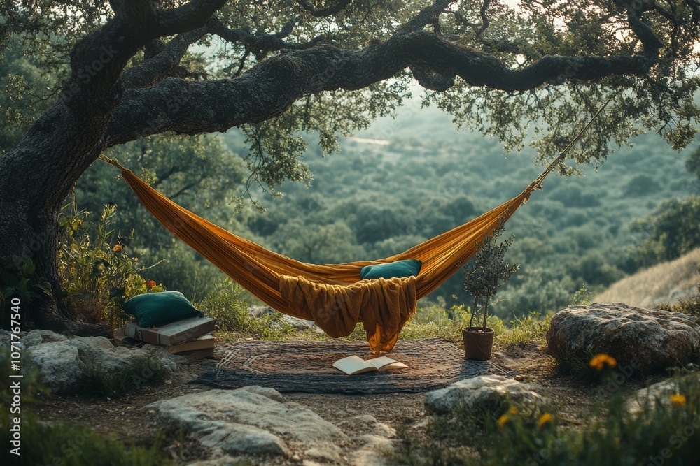Fototapeta premium A hammock under a tree with a journal, book, and natural surroundings. Generative AI