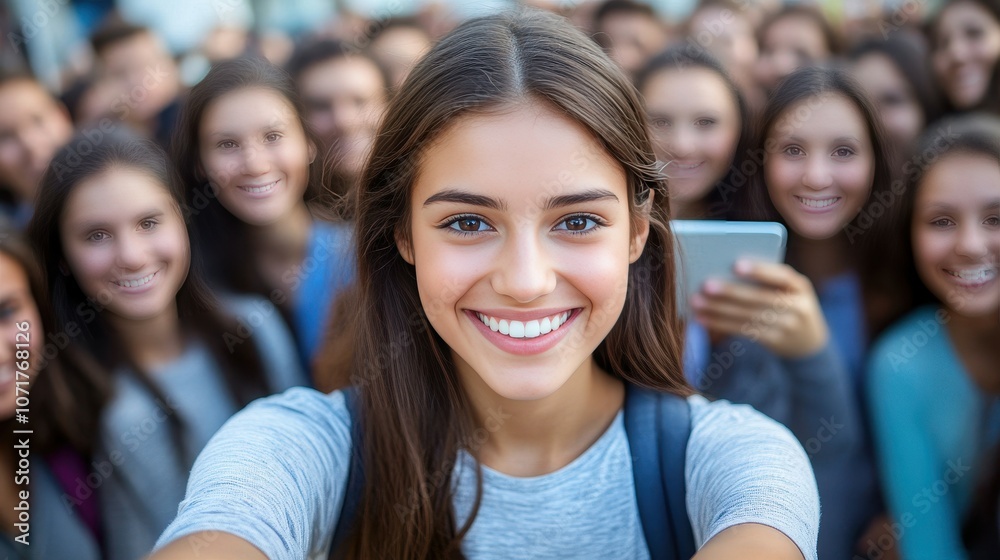 A girl is smiling and taking a selfie with her friends. Concept of happiness and camaraderie among the group A girl is smiling and taking a selfie with her friends. Concept of happiness and camaraderie among the group