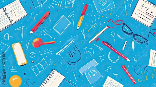 Back to School" banner with stationery icons scattered on a bright blue background, conveying energy and excitement.