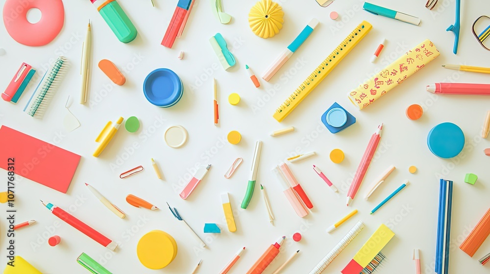 Back-to-school banner with colorful stationery scattered on a white background, ready for a new school year.