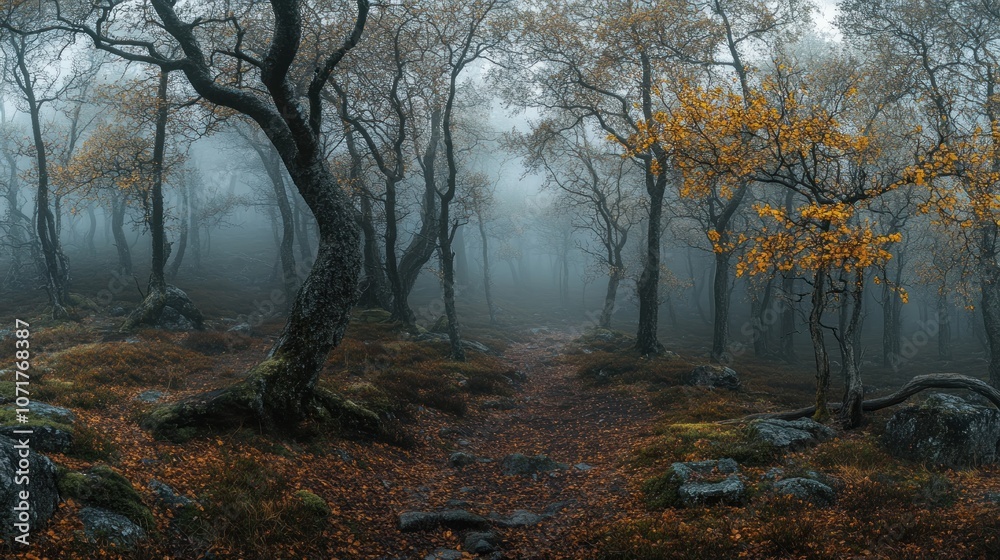 Obraz premium A misty forest path with autumn foliage and a tranquil atmosphere.