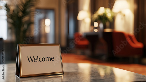 Welcome sign in luxurious hotel lobby 