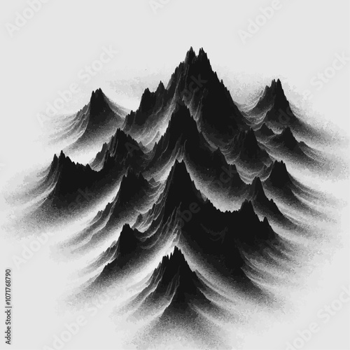 Black Peaks in a Foggy Sea. Mountain Shadows in a Misty Landscape.