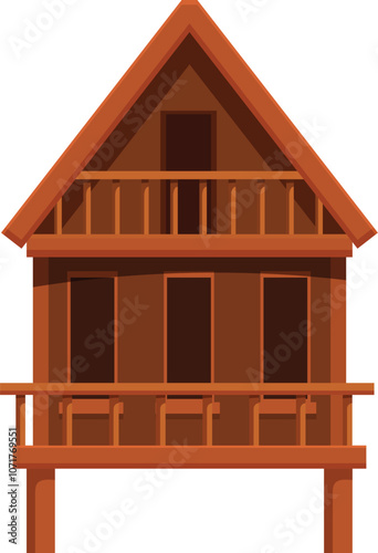 Charming two story wooden chalet boasting balconies on both levels, exuding rustic charm and tranquility